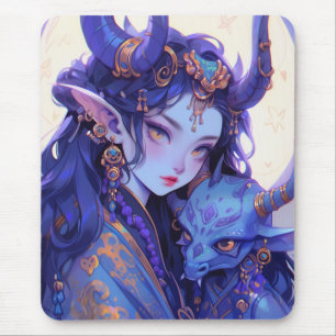 Cool Purple and Gold Horned Elf Anime Girl Mouse Mat