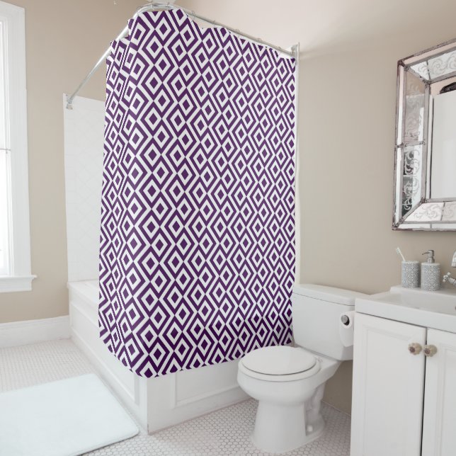 Cool Purple and White Geometric Meander Shower Curtain (In Situ)
