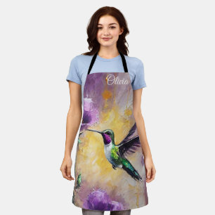 Cool Purple Flowers Hummingbird Chef Baker Womens Apron