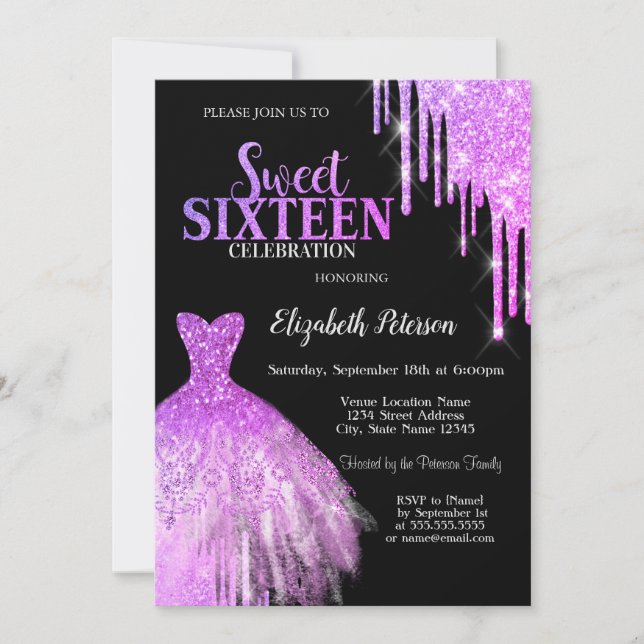 Cool Purple Glitter Drips,Dress Black Sweet 16 Invitation (Front)