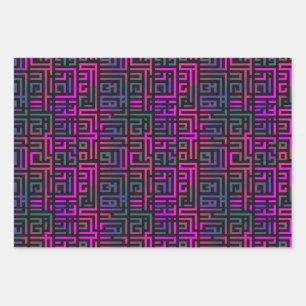 Cool Purple Green Grid Maze Line Pattern Wrapping Paper Sheet