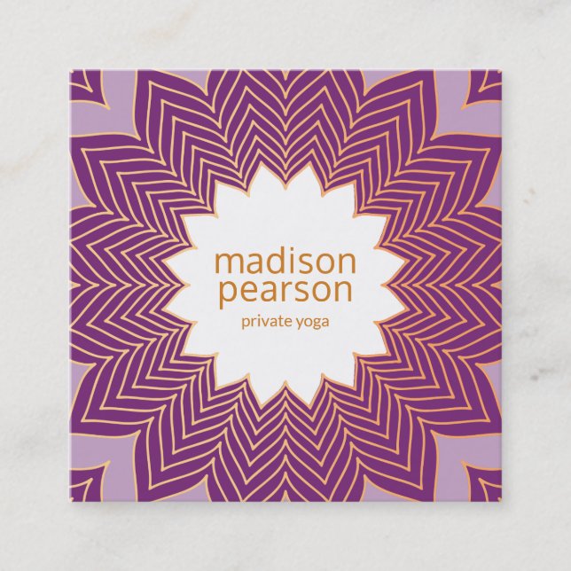 Cool Purple Lotus Mandala Flower Yoga Teacher Square Business Card (Front)