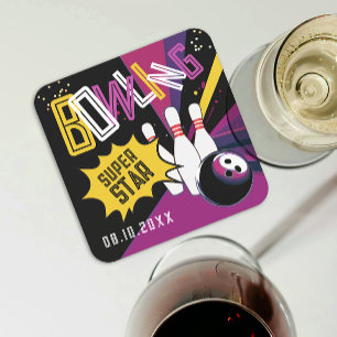 Cool Purple Pink Yellow Strike Bowling Star Pins Square Paper Coaster