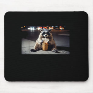 Cool raccoon drinking iced coffee at night funny mouse mat