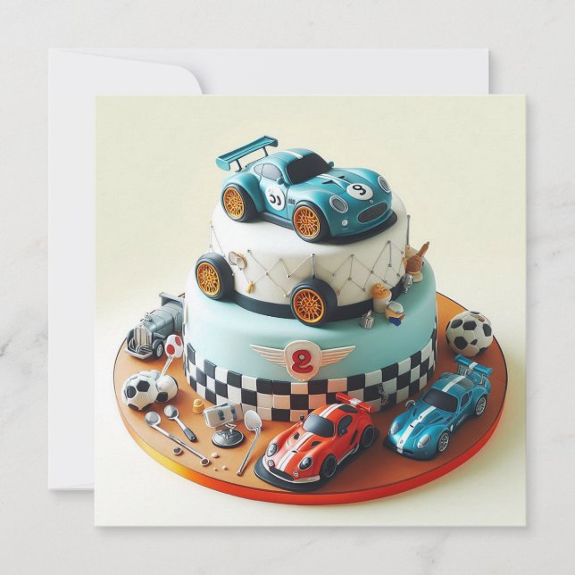 COOL  RACE CAR THEMED KIDS BIRTHDAY CAKE CARD (Front)