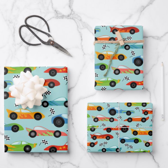 Cool Race Cars Kids Birthday Wrapping Paper Sheet (Front)