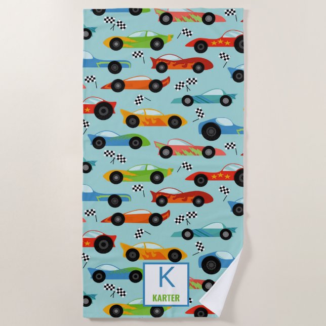 Cool Race Cars Personalised Kids Beach Towel (Front)