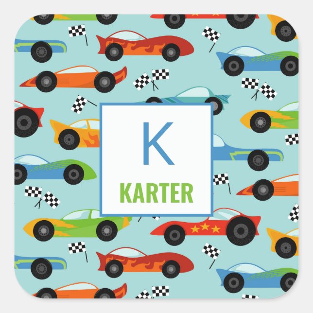 Cool Race Cars Personalised Kids School Daycare Square Sticker (Front)