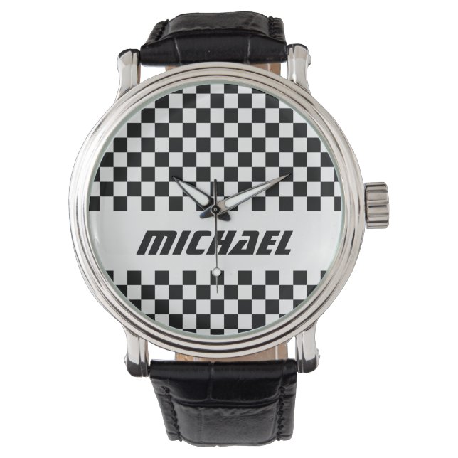 Cool Racing Black and White Chequered Flag Name Watch (Front)