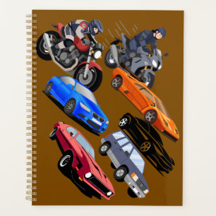 ​Cool Racing Cars and Motorcycles Pattern Notebook Planner