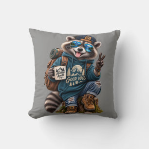 Cool Racoon Hiker Good Vibes Adventure Throw  Cushion