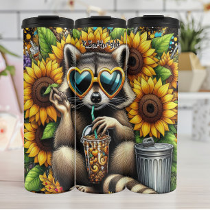 Cool Racoon with Iced Coffee and Sunflowers Thermal Tumbler