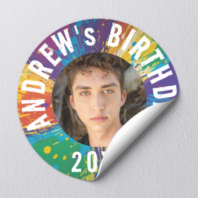 Cool Rainbow Blast Photo Paintball Birthday Party Classic Round Sticker (Creator Uploaded)