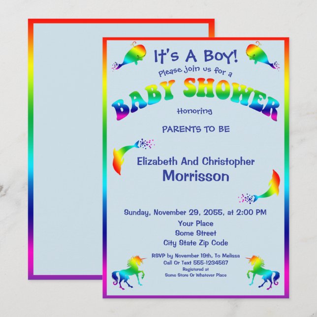 Cool Rainbow Boy Baby Shower With Cute Animals Invitation (Front/Back)