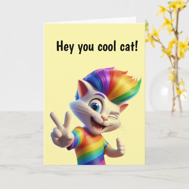 Cool Rainbow Cat Birthday Card (Yellow Flower)