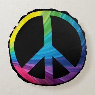 Cool Rainbow Colours Peace On Black Round Cushion