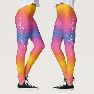 Cool Rainbow Gradient Handwritten Name Watercolor Leggings