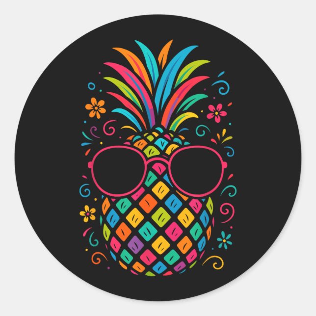 Cool Rainbow Pineapple with Sunglasses Summer Classic Round Sticker (Front)