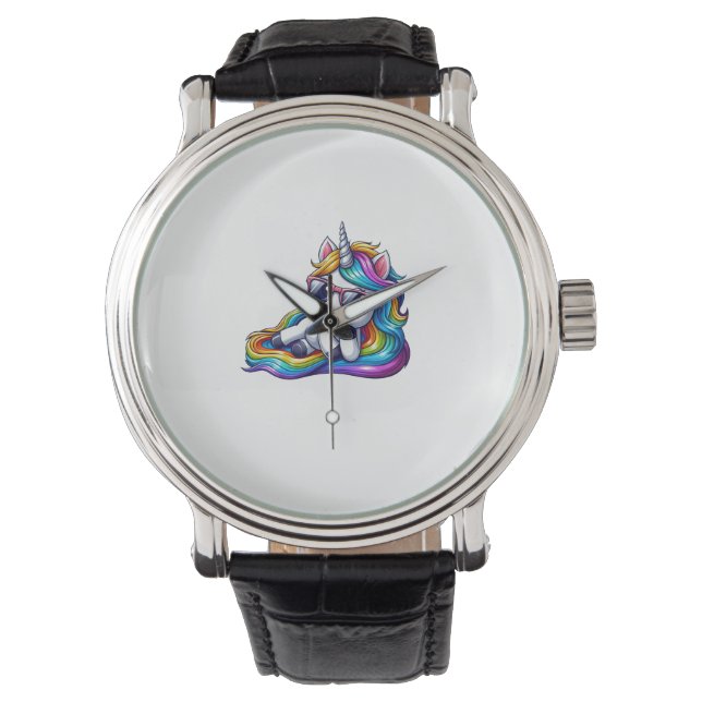 Cool Rainbow Unicorn with Sunglasses Relaxing Long Watch (Front)