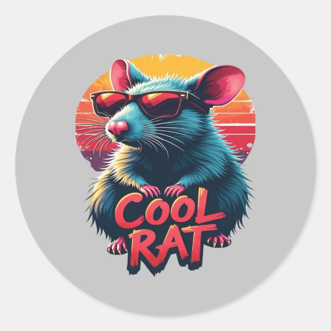 Cool Rat with Sunglasses Retro Sunset Design Classic Round Sticker (Front)