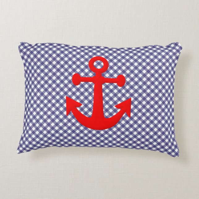Cool Red Anchor on Chequered gingham Pattern Decorative Cushion (Back)