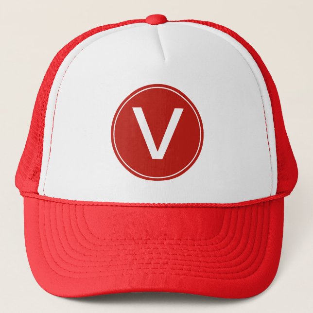 cool red and white  monogram initial hat. trucker hat (Front)