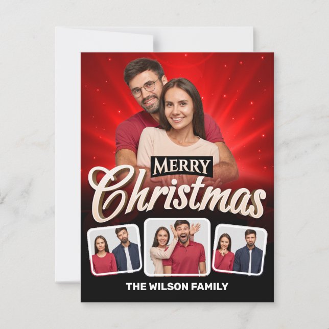 Cool Red, Black Merry Christmas 4 Couple Photo Holiday Card (Front)