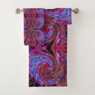 Cool Red, Blue and Pink Abstract Floral Swirl Bath Towel Set