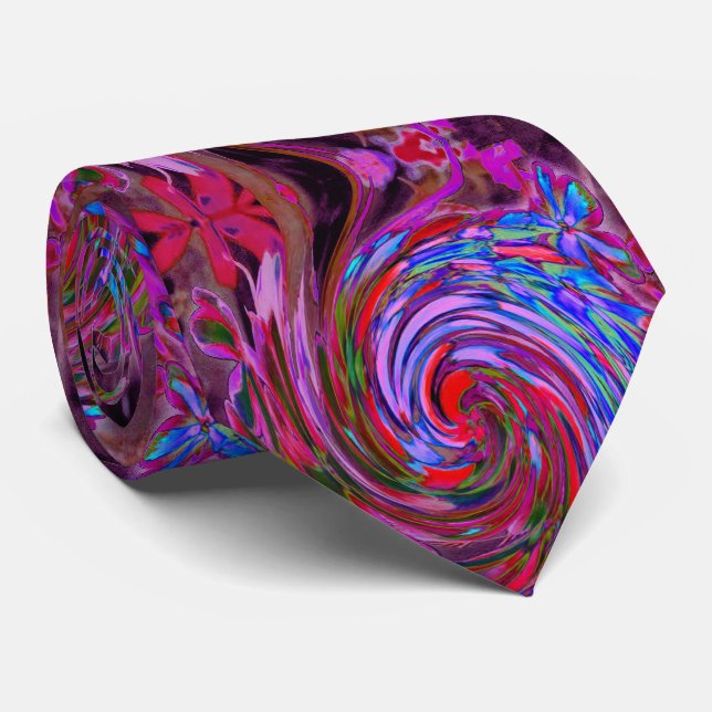 Cool Red, Blue and Pink Abstract Floral Swirl Tie (Rolled)