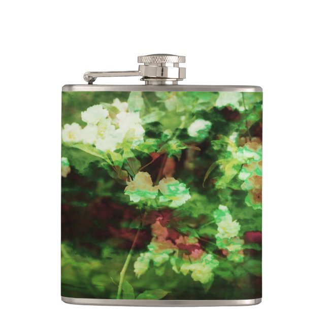 Cool red green flower art pattern. Nature concept Hip Flask (Front)