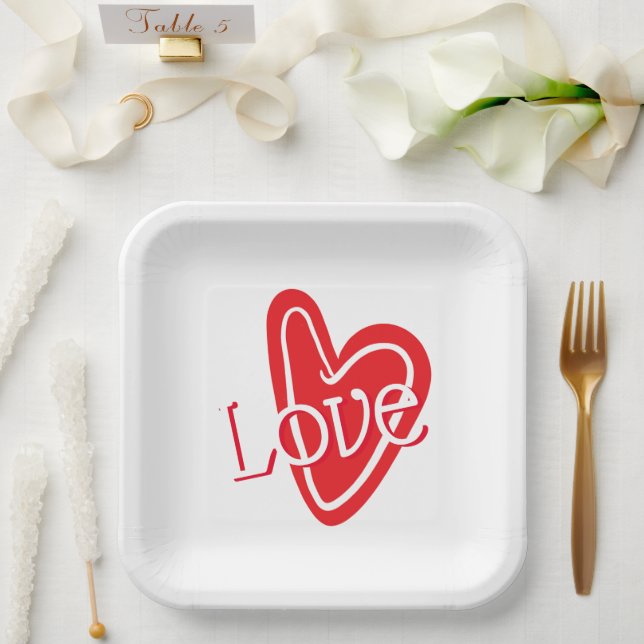 Cool Red Heart With LOVE Paper Plate (Wedding)