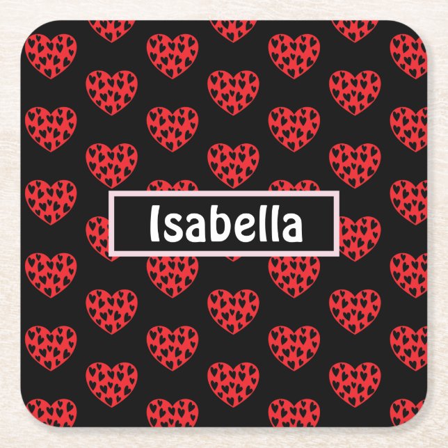 Cool Red Hearts Square Paper Coaster (Front)
