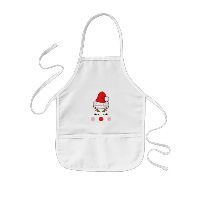 Cool Red Nose Reindeer Santa's Hat Name Kids Apron (Front)