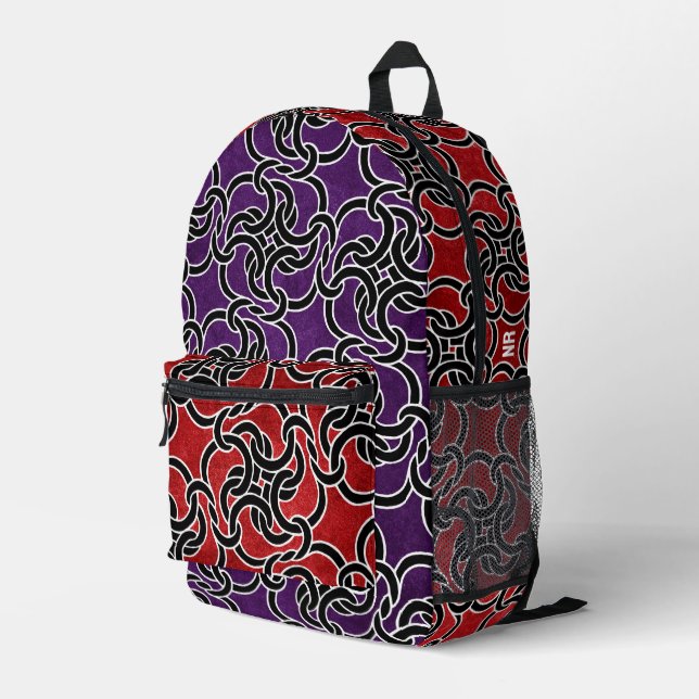  Cool Red Purple Black Celtic Knot Modern Monogram Printed Backpack (Back Corner Right)