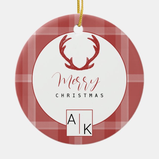 Cool Red Tartan Monogram Ceramic Tree Decoration (Front)