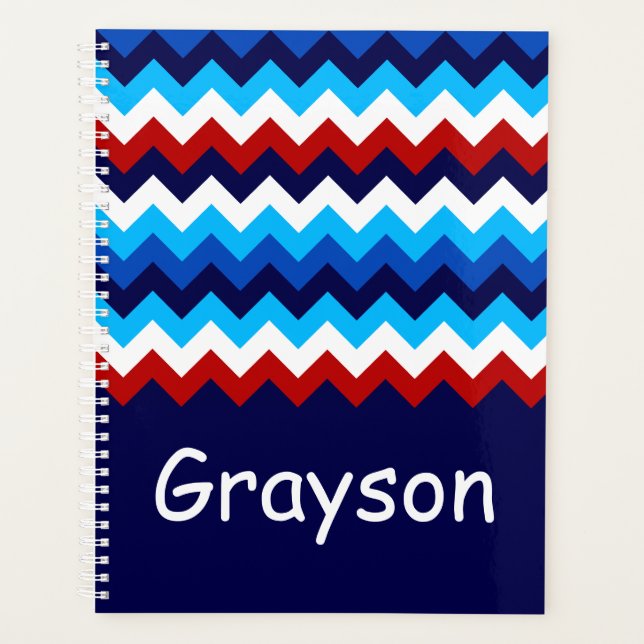 Cool Red White Blue Chevrons Monogram Planner (Front)