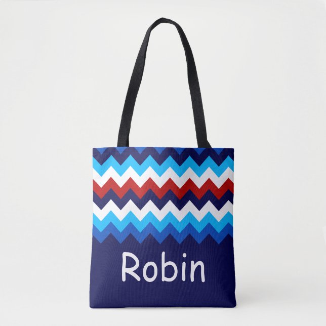 Cool Red White Blue Chevrons Monogram Tote Bag (Front)