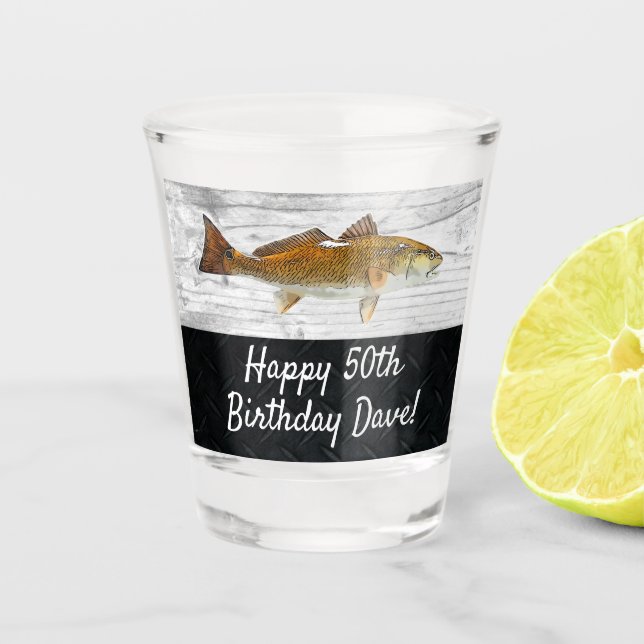 Cool Redfish Drum Fishing 50th Birthday Name Shot Glass (Front)