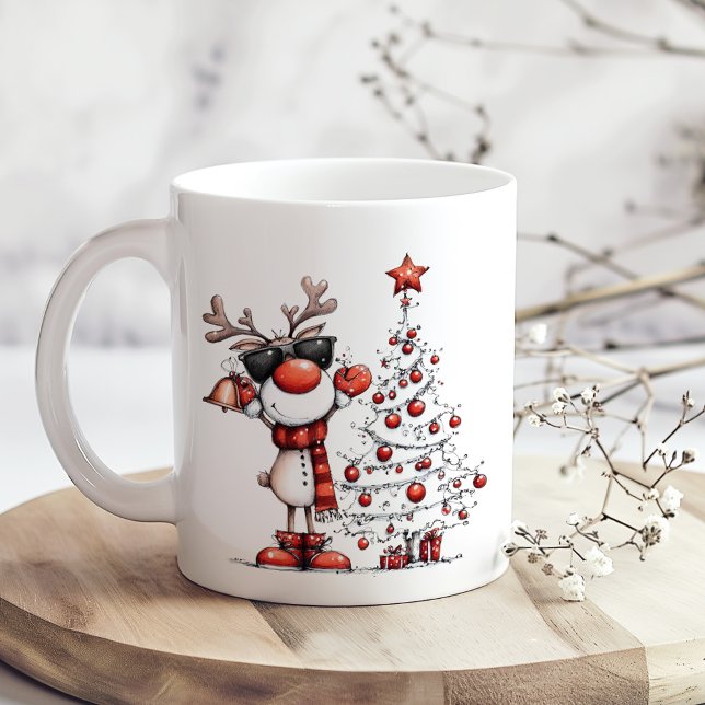 Cool Reindeer Christmas Mug – Oh Deer! (Cool Reindeer Christmas Mug – Oh Deer! on a boho wooden table with tiny white flowers)