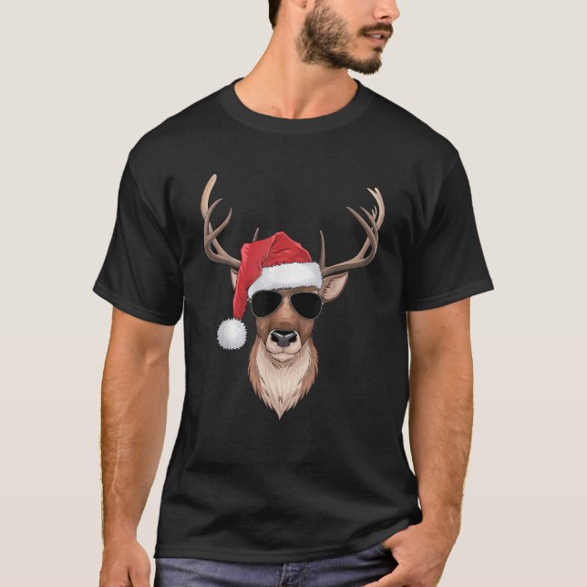 Cool Reindeer with Santa Hat and Sunglasses Christ T-Shirt (Front)