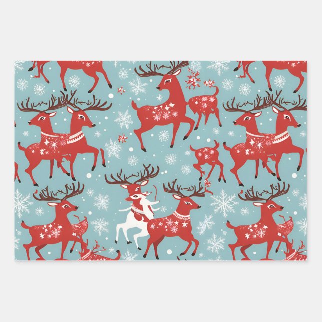 Cool Reindeer Wrapping Paper Flat Sheet Set of 3 (Front)