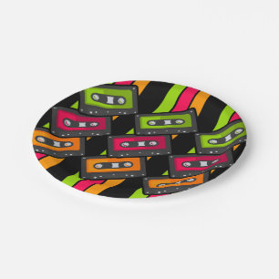 Cool Retro 80s Bright Vintage Cassettes Pattern Paper Plate