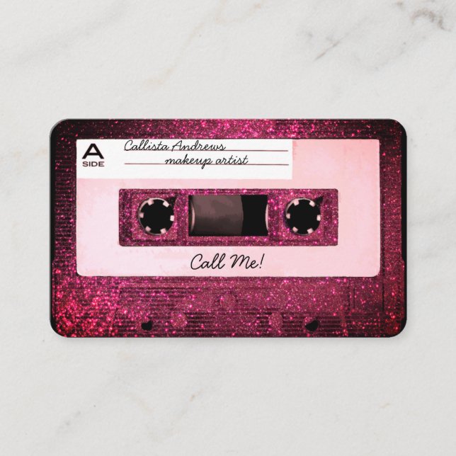 Cool Retro 80's Pink Glitter Cassette Tape Mixtape Business Card (Front)
