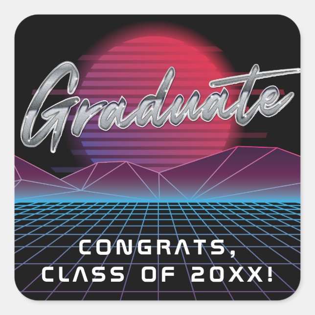 Cool Retro 80's Synthwave New Wave Grad Party Square Sticker (Front)