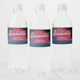 Cool Retro 80's Synthwave New Wave Grad Party Water Bottle Label