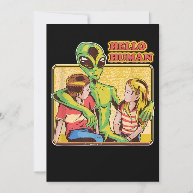 Cool Retro Alien ET Hello Humans Outer Space Galax Invitation (Front)
