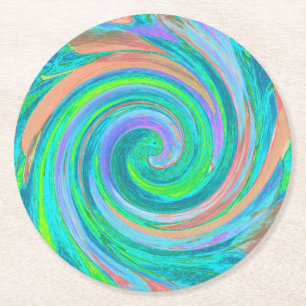 Cool Retro Aquamarine and Coral Liquid Art Swirl Round Paper Coaster