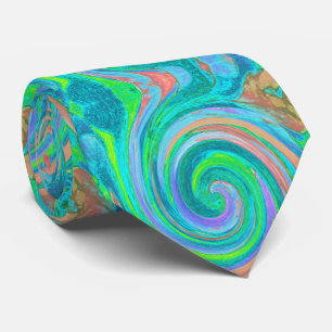 Cool Retro Aquamarine and Coral Liquid Art Swirl Tie