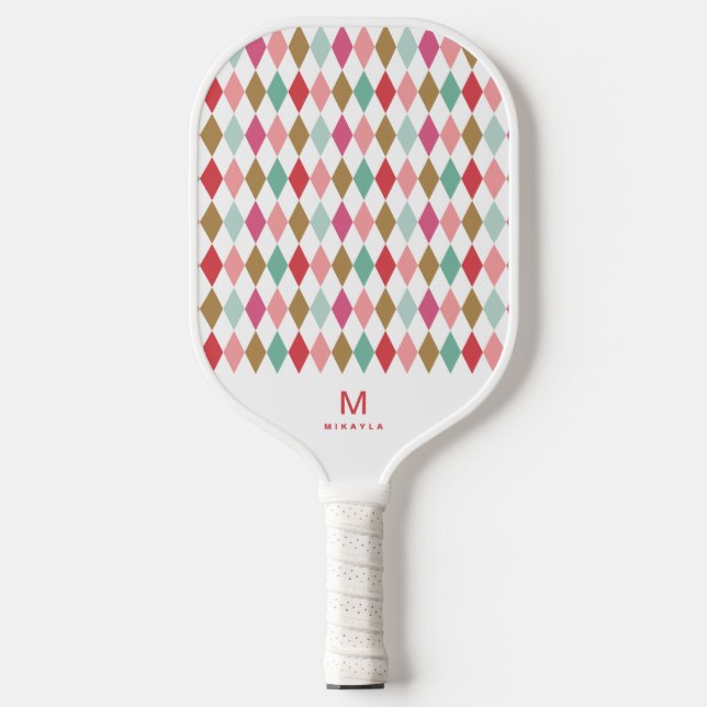 Cool Retro Argyle Diamonds Pattern Monogram Pickle Pickleball Paddle (Front)