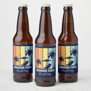 Cool Retro Beach Party Custom Navy Blue Beer Bottle Label